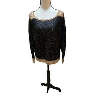 LTX Elegant Black Gold Trim Sweater Sparkling Metallic Knit Holiday Party M//L